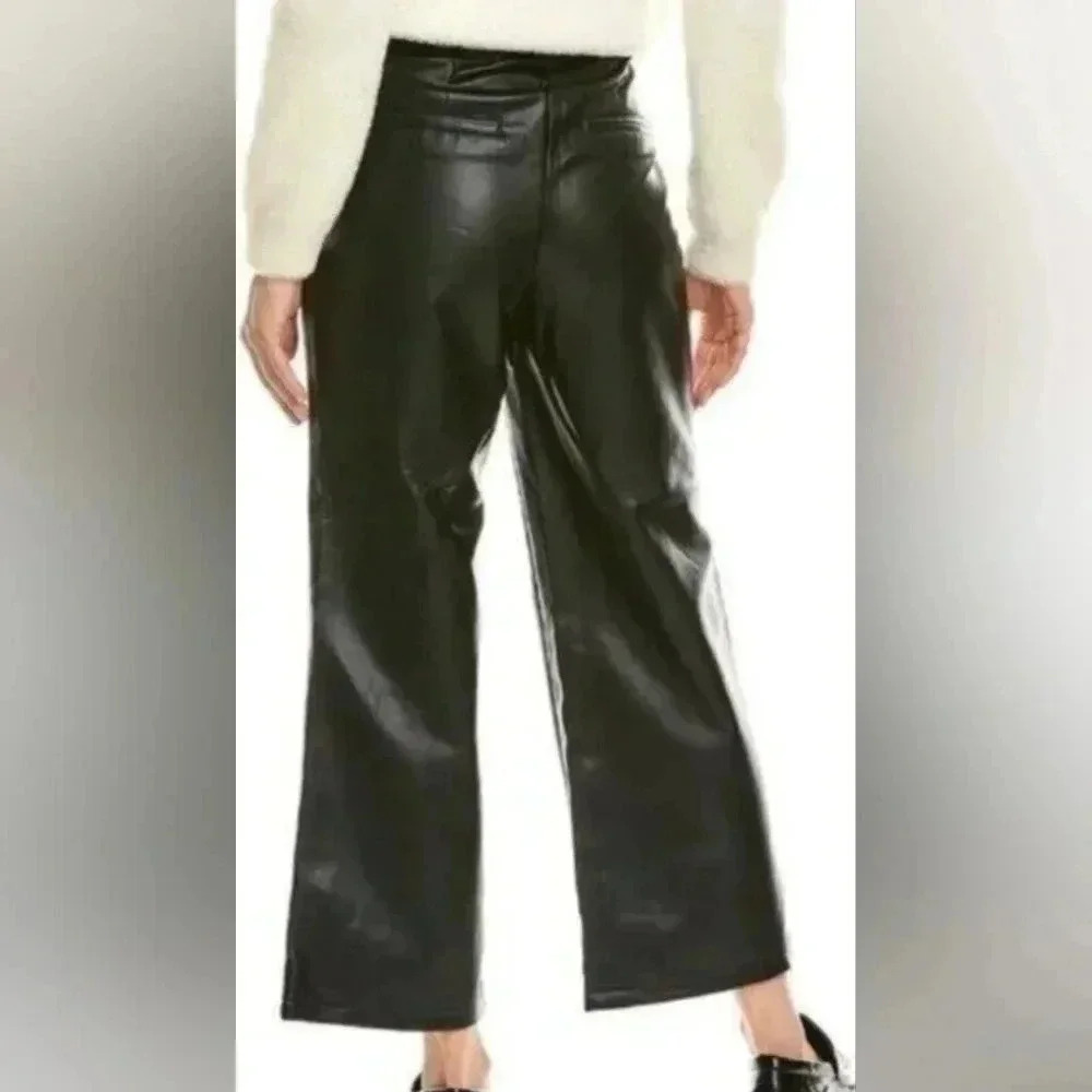 Faux Leather Wide Leg Cropped Pants‎ High Waist Black Trousers